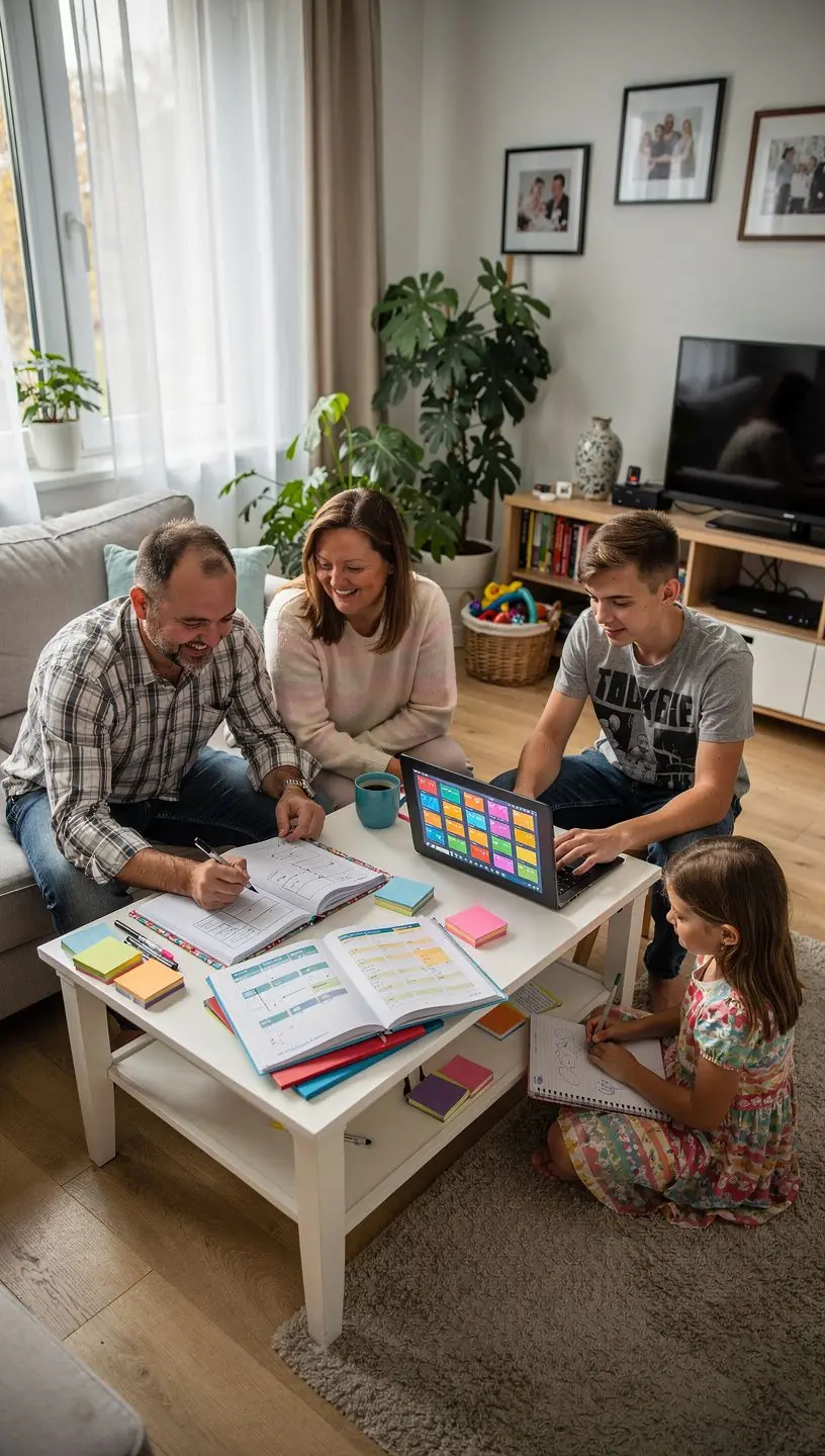 Minimalistyczne miejsce pracy z laptopem, kubkiem kawy i notatnikiem gotowe do efektywnego zarządzania dniem